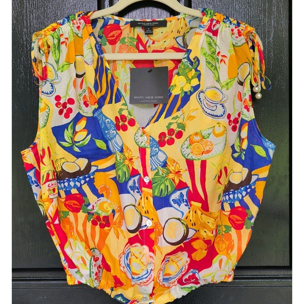 Marc New York Whimsical Fruit Cinched Sleeveless V Neck Top Sz M Cruise Tropical